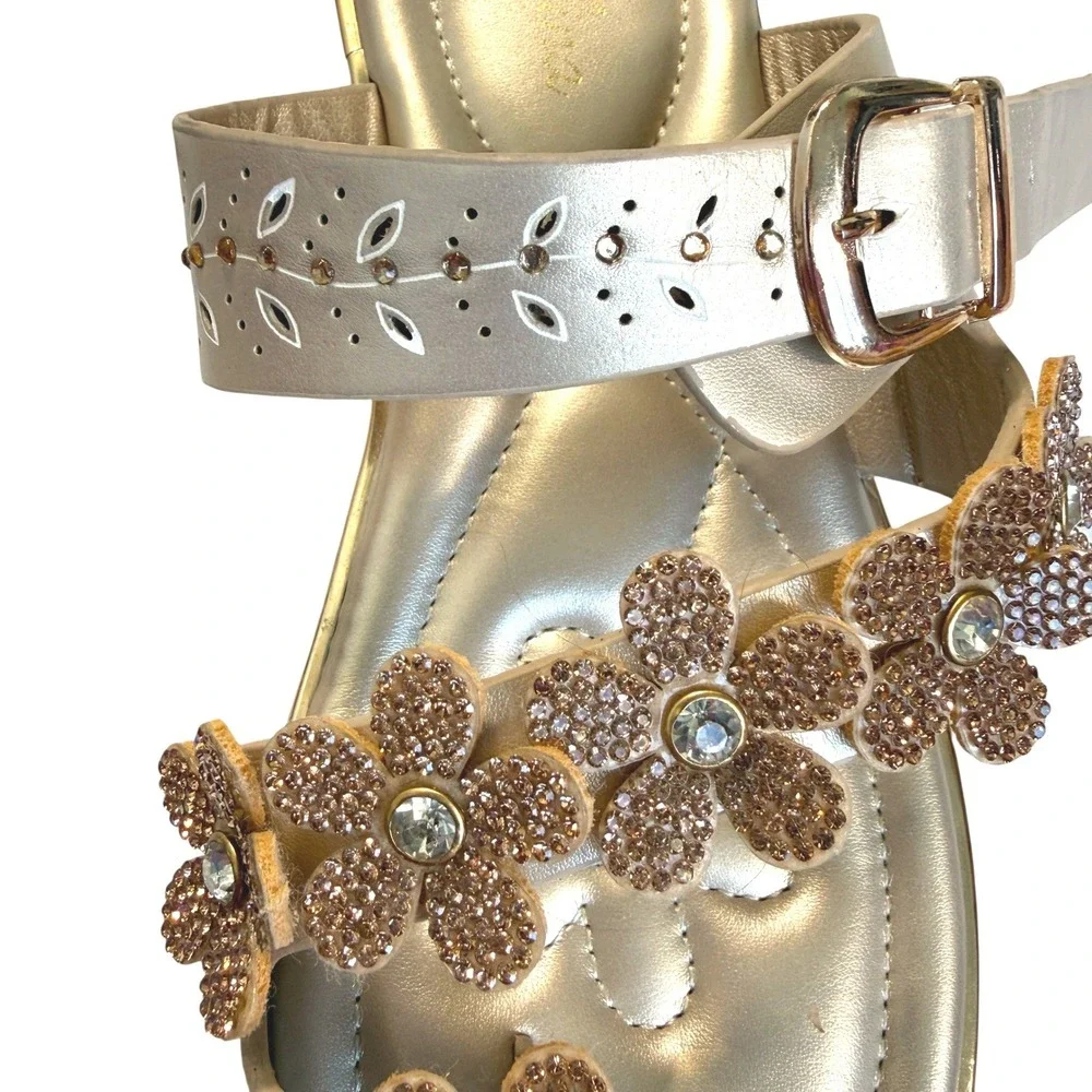 Womens Flower Rhinestones Thong Sandals Sz 8 Gold Summer Coquette Beach Vacation